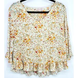 Rose & Thyme Womens S Flower V Neck Blouse 3/4 Sleeve Ruffle Hem Cottagecore